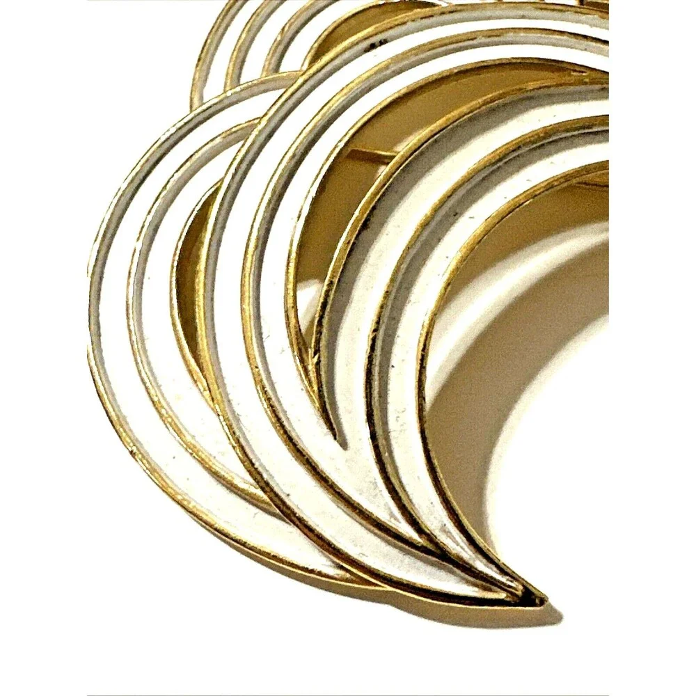 Vintage CROWN TRIFARI White Enamel Wave Brooch Crescent MCM Pin 2.25